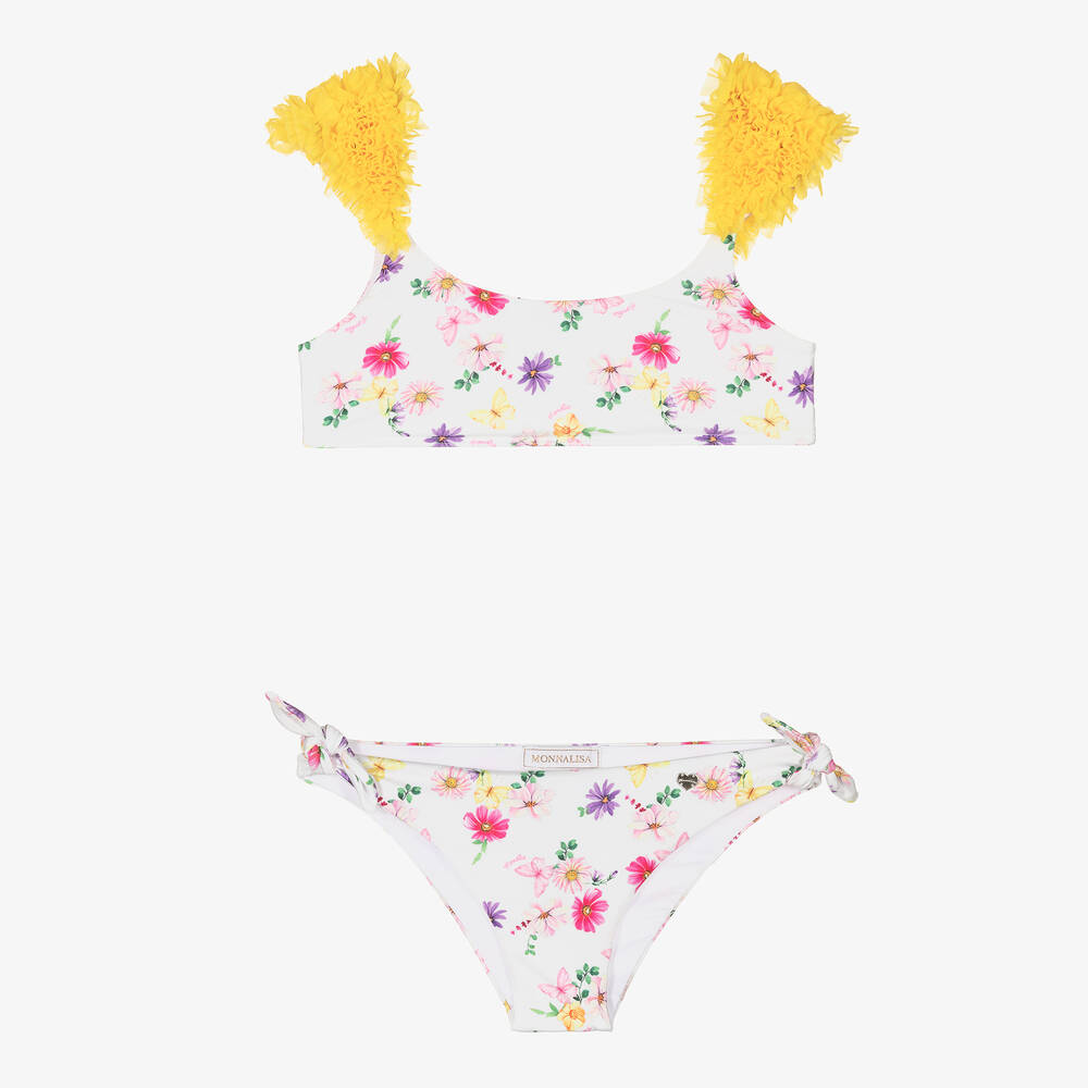 Monnalisa - Teen Girls White Floral Ruffle Bikini | Childrensalon