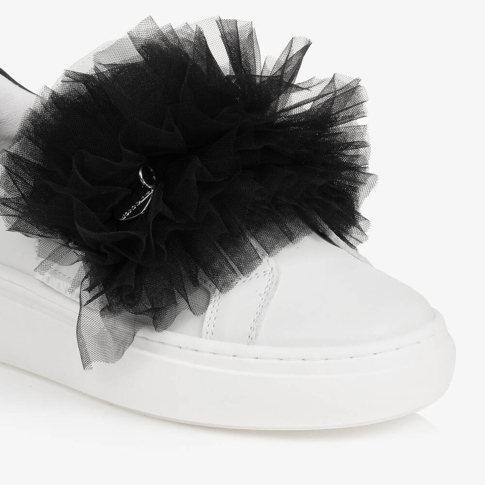 Monnalisa-Teen Girls White Leather & Black Tulle Trainers | Childrensalon Outlet