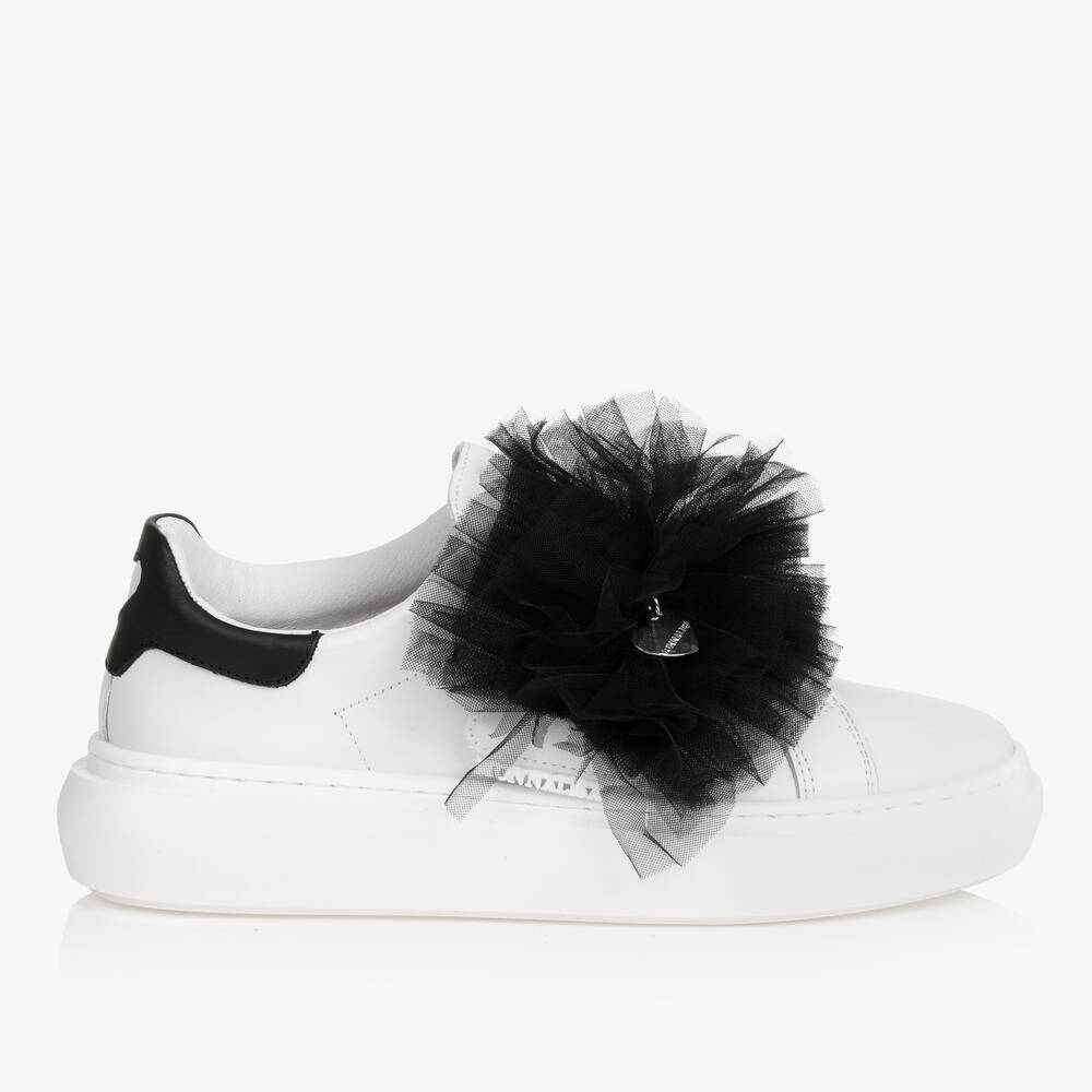 Monnalisa-Teen Girls White Leather & Black Tulle Trainers | Childrensalon Outlet