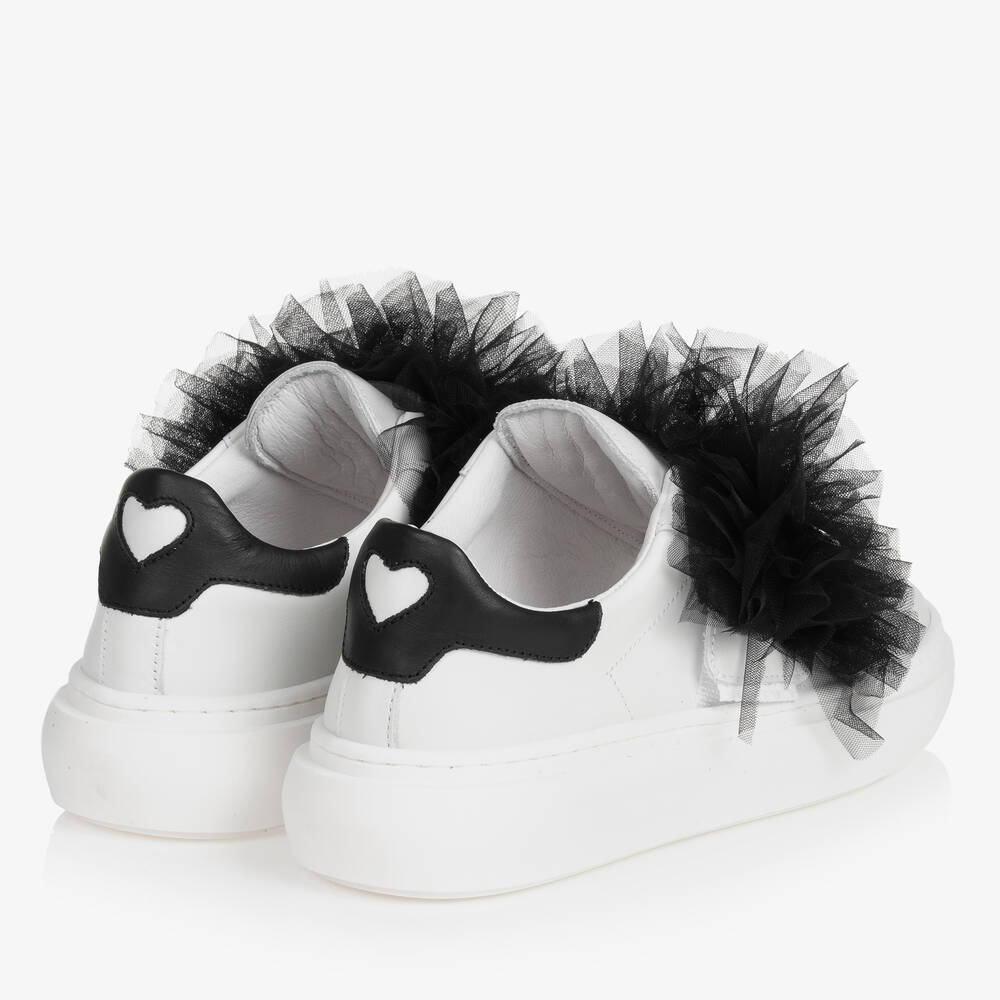 Monnalisa-Teen Girls White Leather & Black Tulle Trainers | Childrensalon Outlet