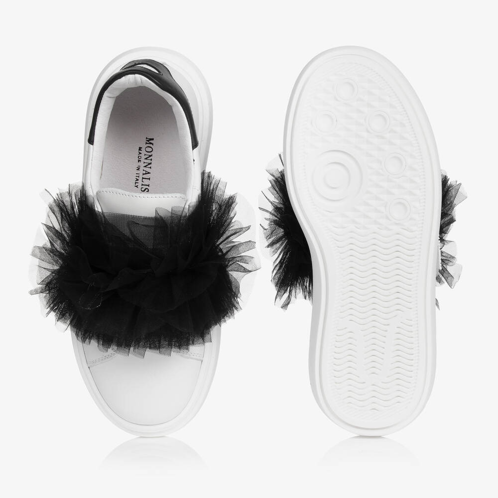 Monnalisa-Teen Girls White Leather & Black Tulle Trainers | Childrensalon Outlet