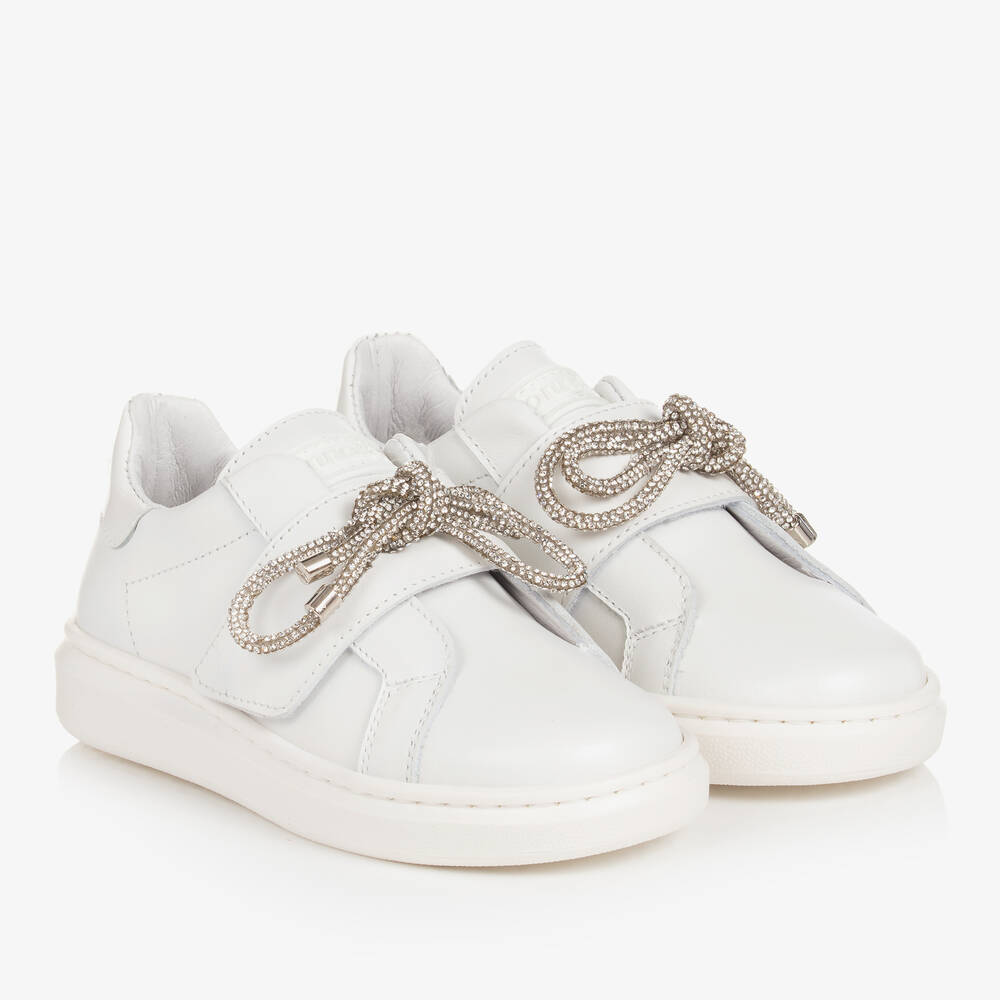 Monnalisa - Teen Girls White Leather Bow Trainers | Childrensalon