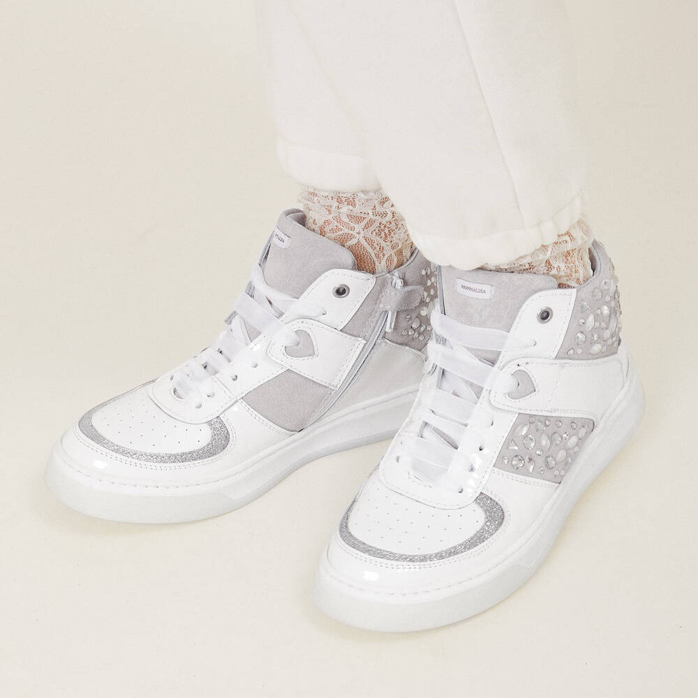 Monnalisa-Teen Girls White Leather High-Top Trainers | Childrensalon Outlet