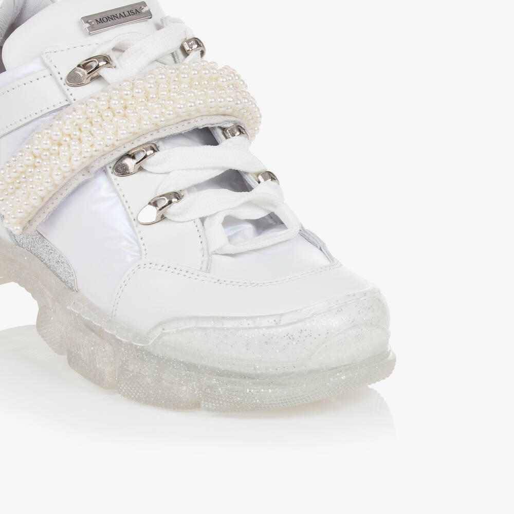 Monnalisa-ترينرز جلد وقماش لون أبيض مزين بلؤلؤ | Childrensalon Outlet