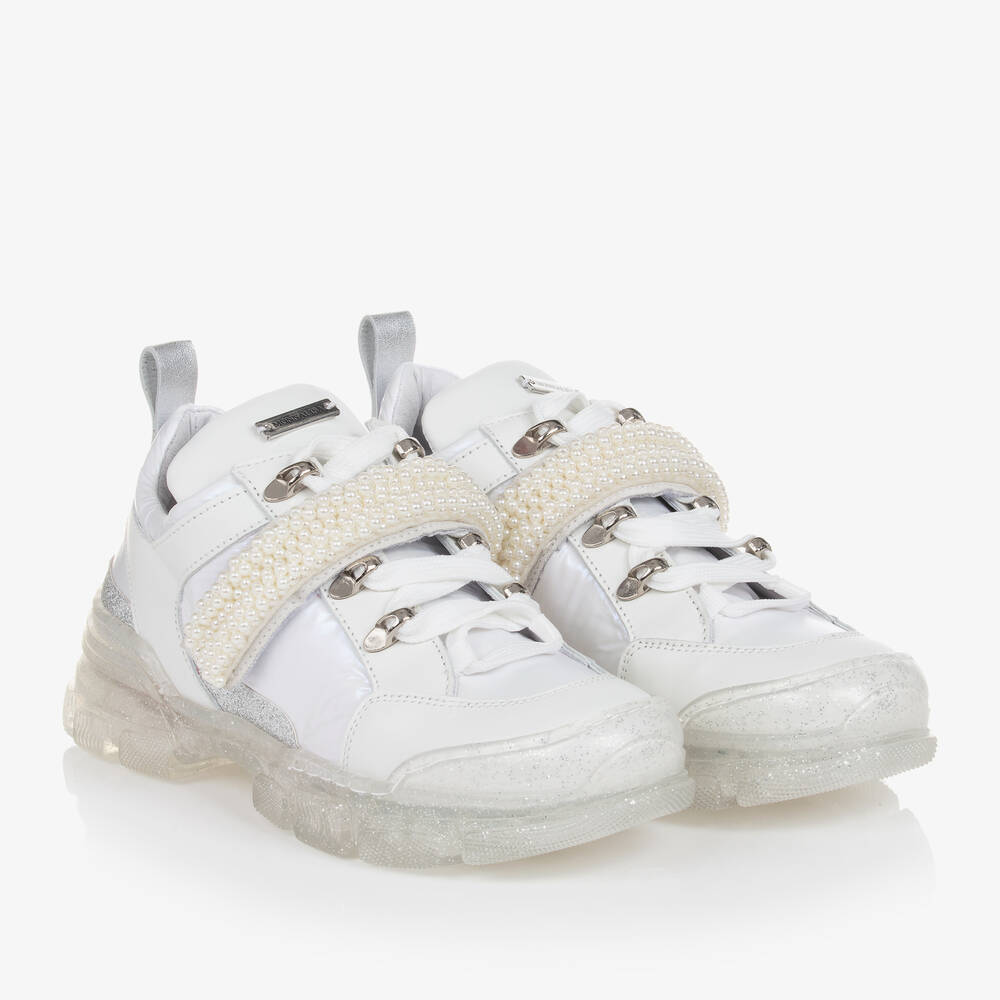 Monnalisa-Teen Girls White Leather & Pearl Trainers | Childrensalon Outlet