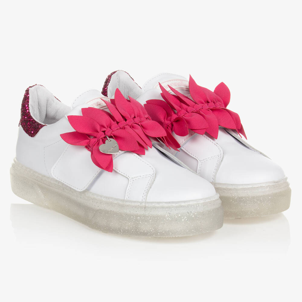 Monnalisa - Teen Girls White Leather & Pink Trainers | Childrensalon