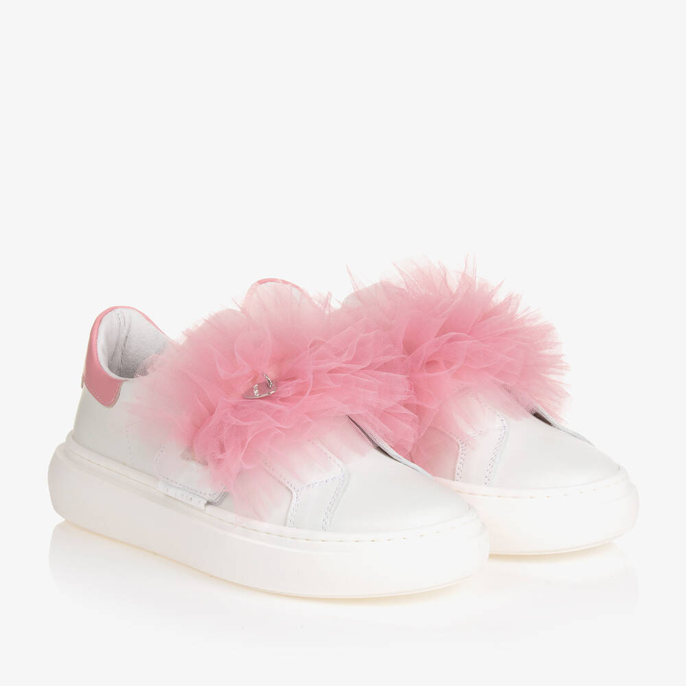 Monnalisa-Teen Girls White Leather & Pink Tulle Trainers | Childrensalon Outlet