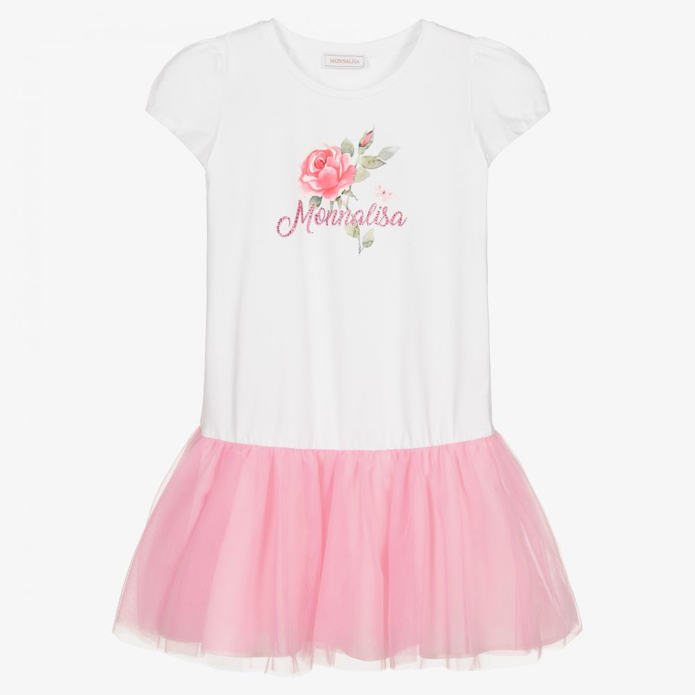 Monnalisa - فستان تينز بناتي قطن وتول لون أبيض وزهري | Childrensalon