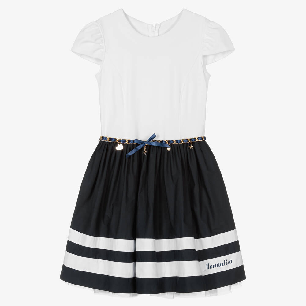 Monnalisa - فستان بحزام تينز بناتي قطن لون أبيض وكحلي | Childrensalon