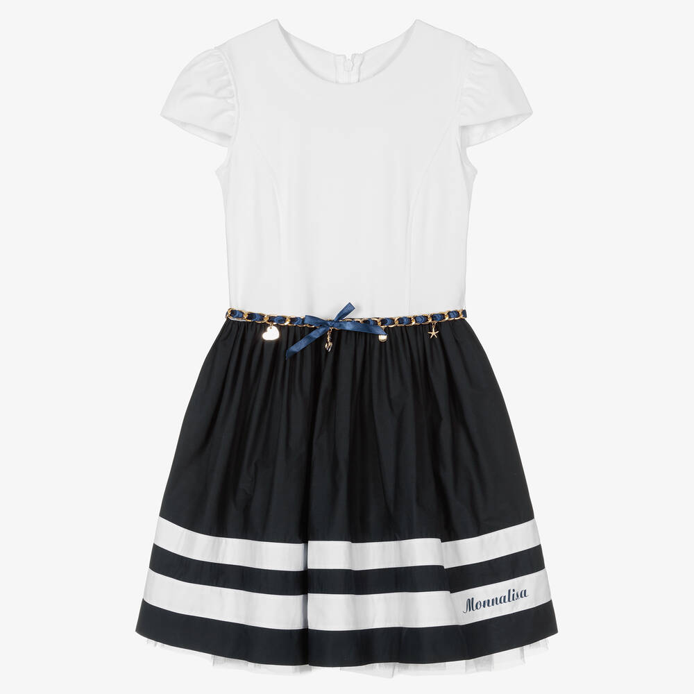 Monnalisa - Robe blanche et bleue marine ado fille | Childrensalon