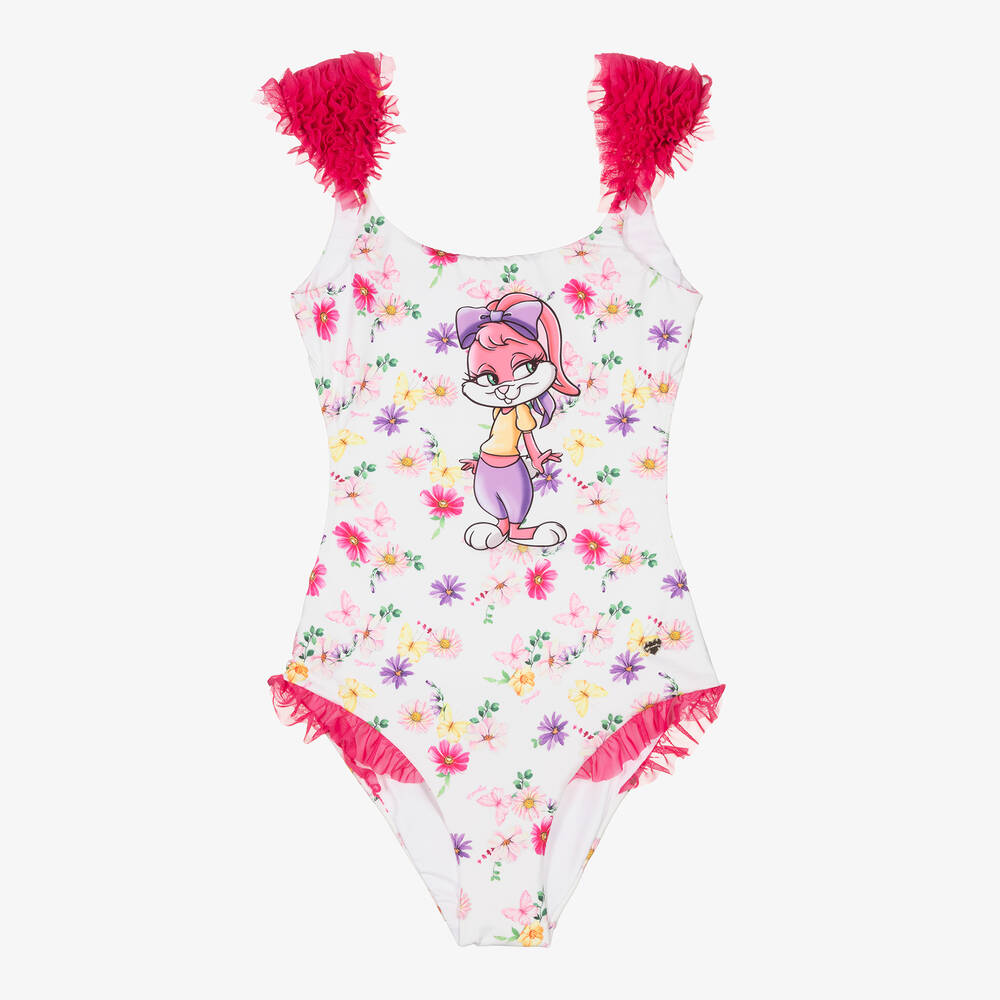 Monnalisa - Teen Girls White & Pink Lola Bunny Swimsuit | Childrensalon
