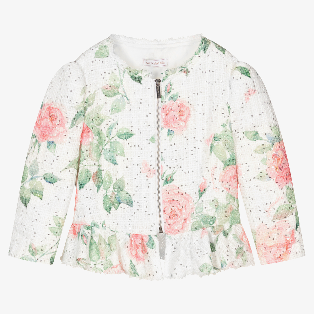 Monnalisa - Weiße Teen Jacke mit Rosen (M) | Childrensalon