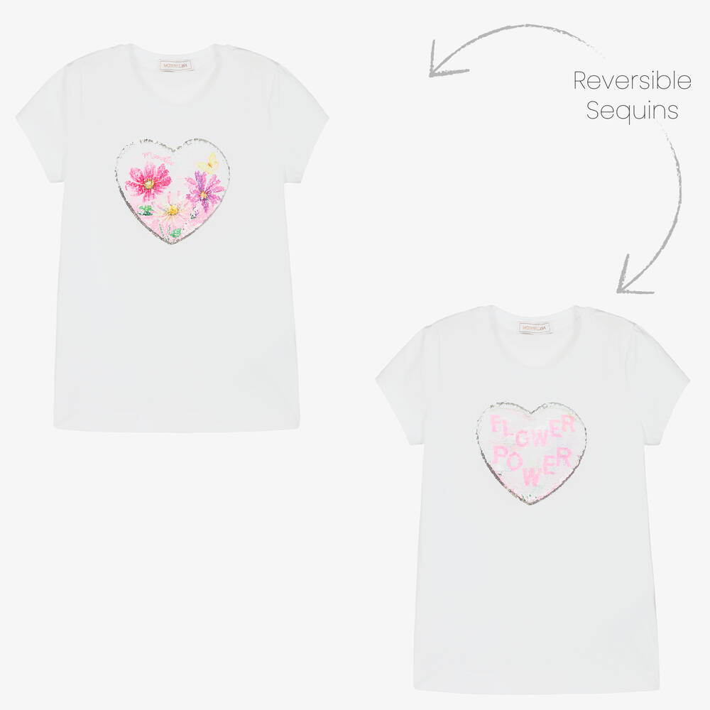 Monnalisa - Teen Girls White Sequin Heart T-Shirt | Childrensalon