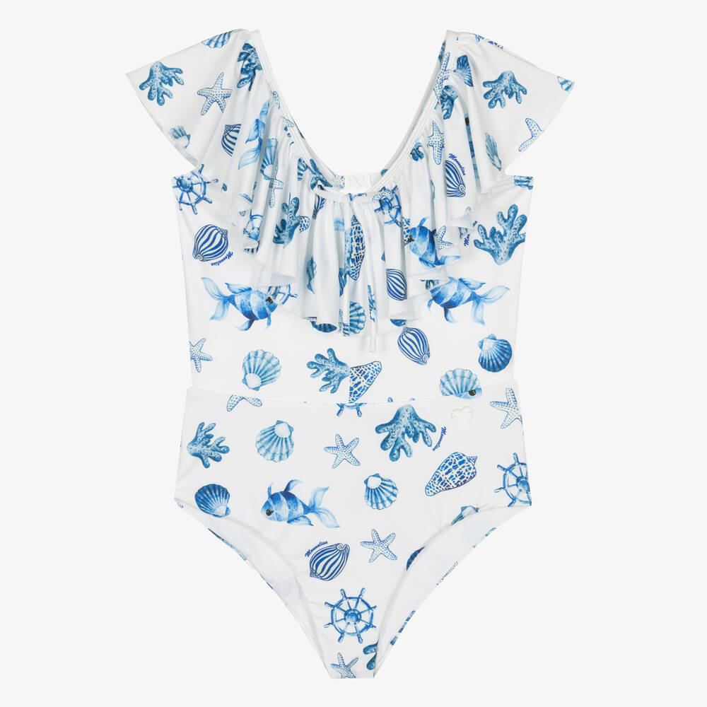 Monnalisa-Teen Girls White Shell Print Swimsuit | Childrensalon Outlet