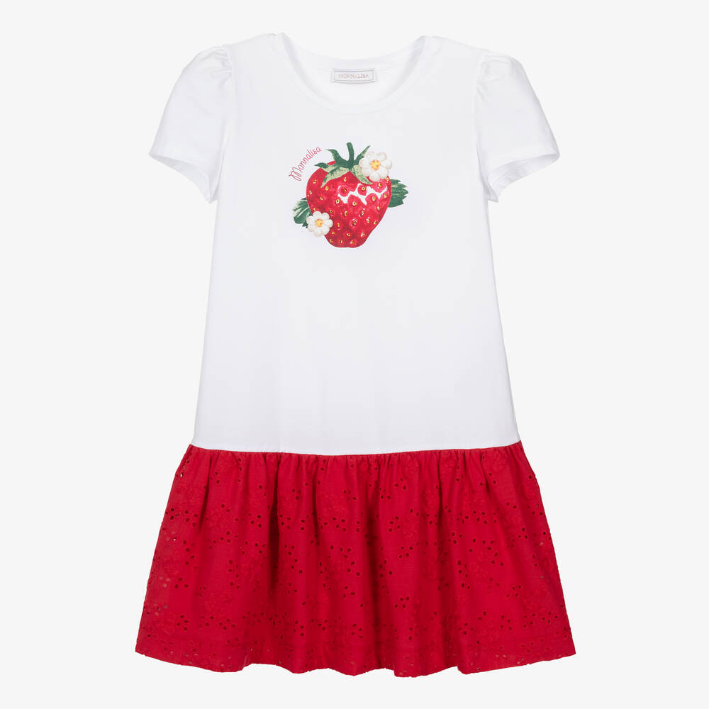 Monnalisa-Teen Girls White Strawberry Cotton Dress | Childrensalon Outlet