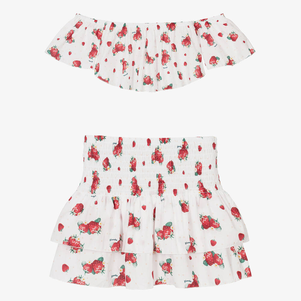 Monnalisa-Teen Girls White Strawberry Print Skirt Set | Childrensalon Outlet