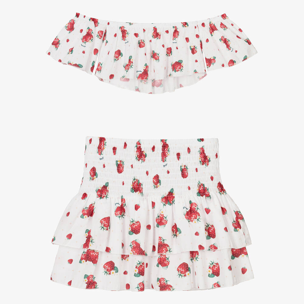 Monnalisa-Teen Girls White Strawberry Print Skirt Set | Childrensalon Outlet