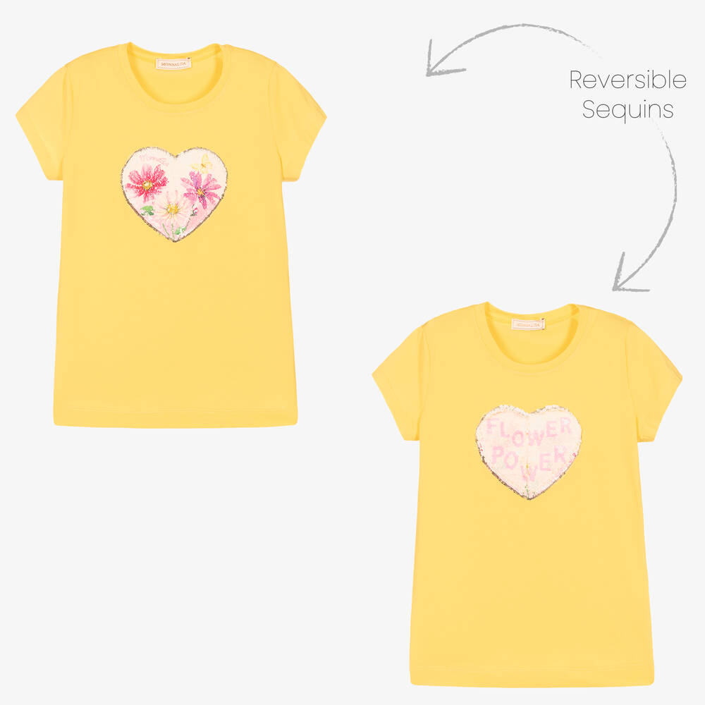 Monnalisa - Teen Girls Yellow Sequin Heart T-Shirt | Childrensalon