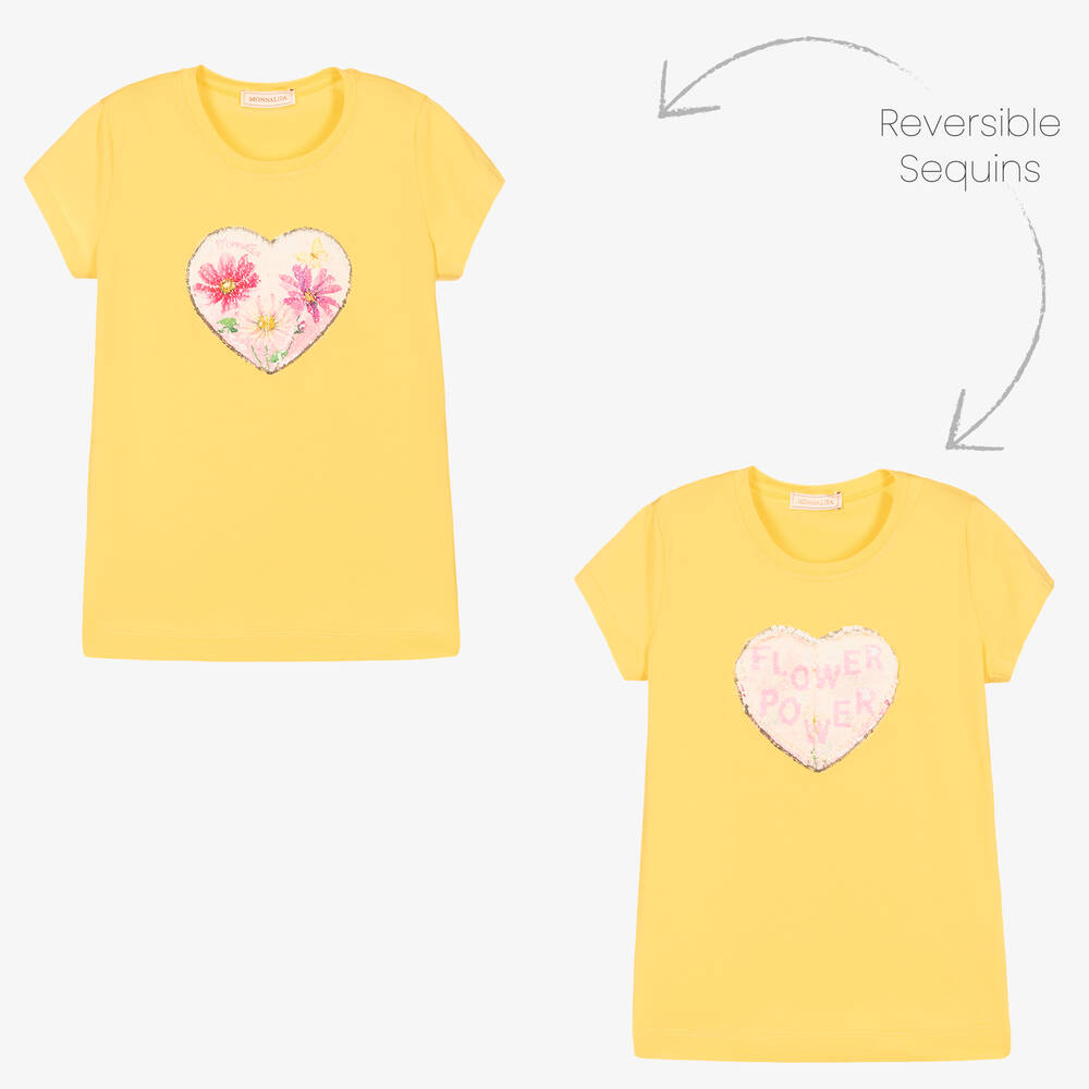 Monnalisa-Teen Girls Yellow Sequin Heart T-Shirt | Childrensalon Outlet