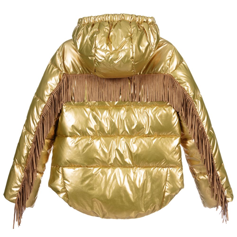 Monnalisa-Teen Gold Frindge Puffer Jacket | Childrensalon Outlet