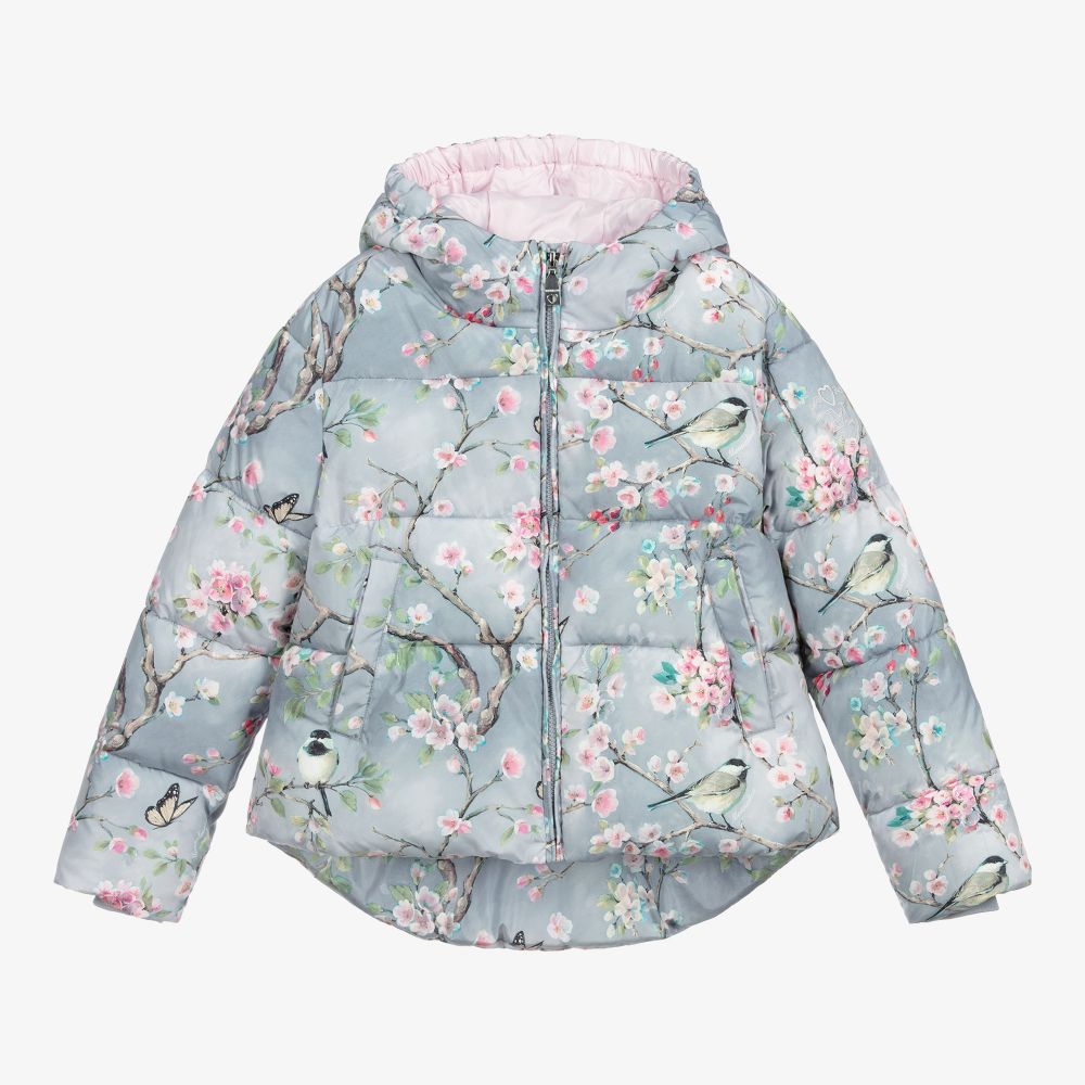 Monnalisa - Teen Grey Floral Puffer Jacket | Childrensalon