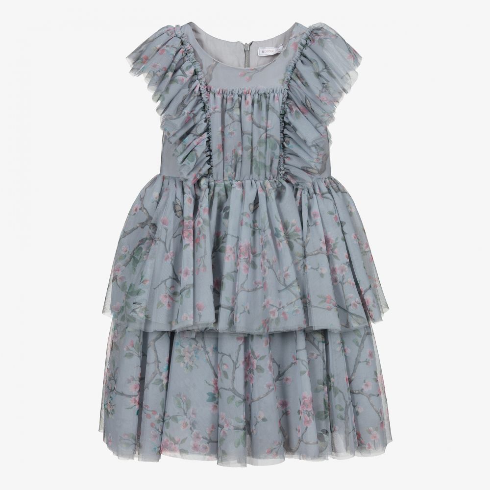 Monnalisa-Teen Grey Floral Tulle Dress | Childrensalon Outlet