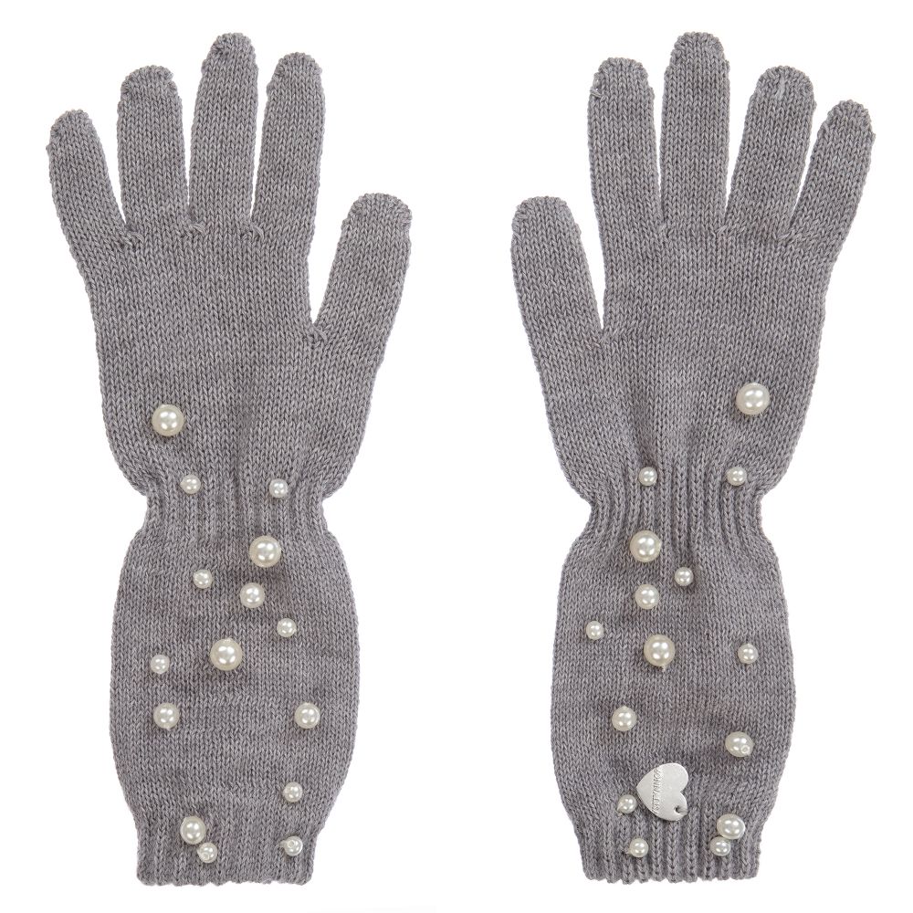 Monnalisa - Teen Grey Knit Pearl Gloves | Childrensalon