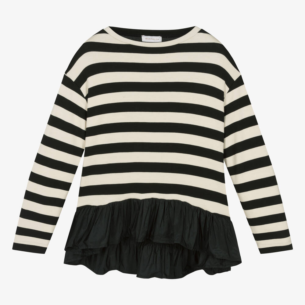 Monnalisa - Teen Ivory Black Stripe Peplum Top | Childrensalon