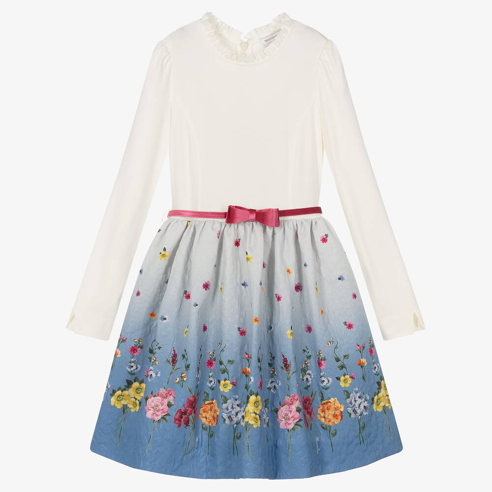 Monnalisa - Teen Kleid mit Blumen-Print in Elfenbein & Blau | Childrensalon