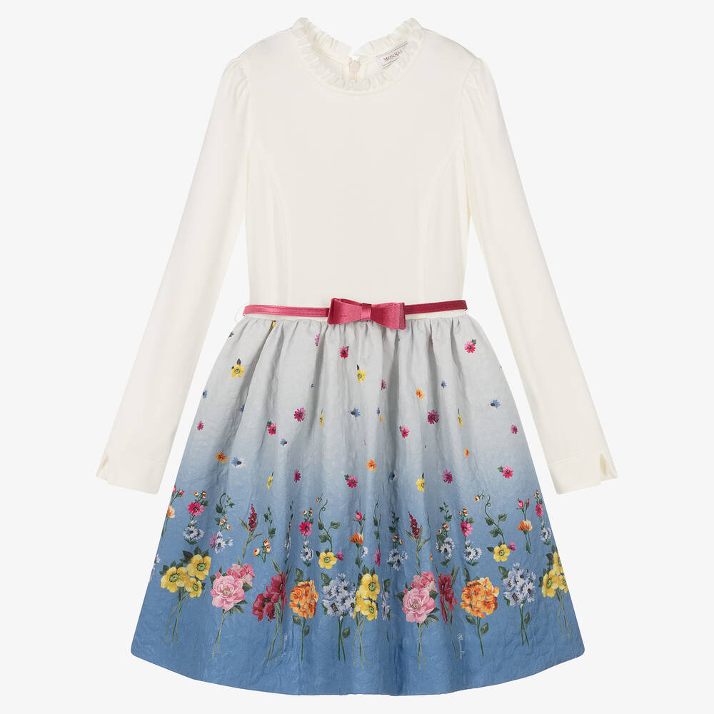 Monnalisa-Teen Ivory & Blue Floral Dress | Childrensalon Outlet