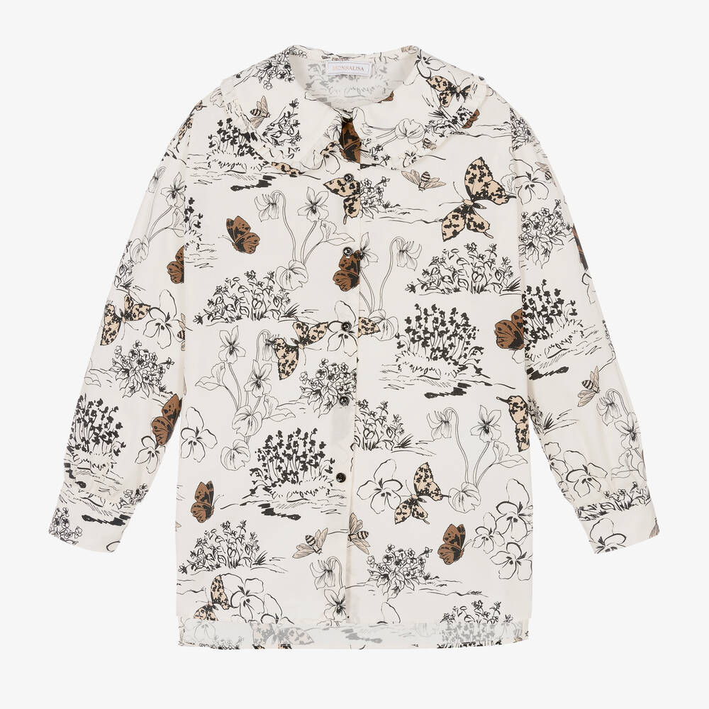 Monnalisa - Кремовая хлопковая блузка с бабочками | Childrensalon