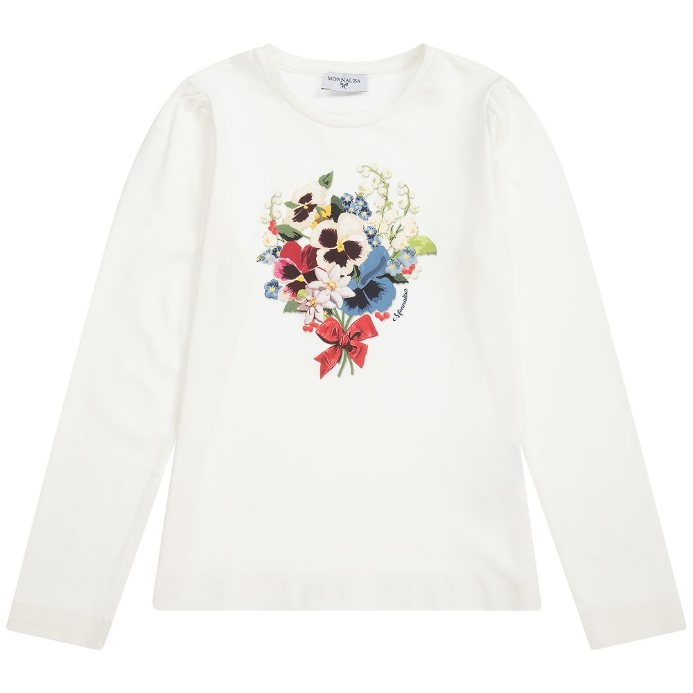 Monnalisa-Teen Ivory Floral Logo Top  | Childrensalon Outlet