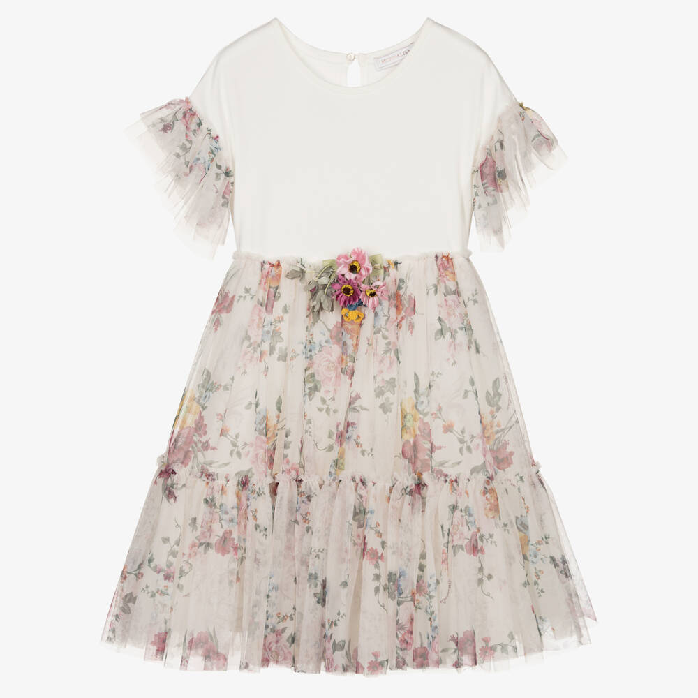 Monnalisa - Кремовое платье из тюля с цветами для подростков | Childrensalon