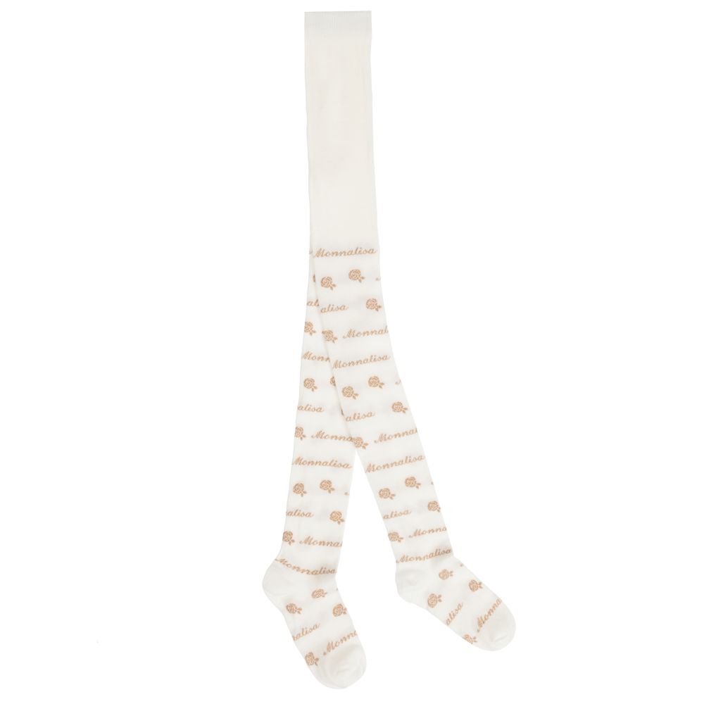 Monnalisa - Teen Ivory & Gold Logo Tights | Childrensalon