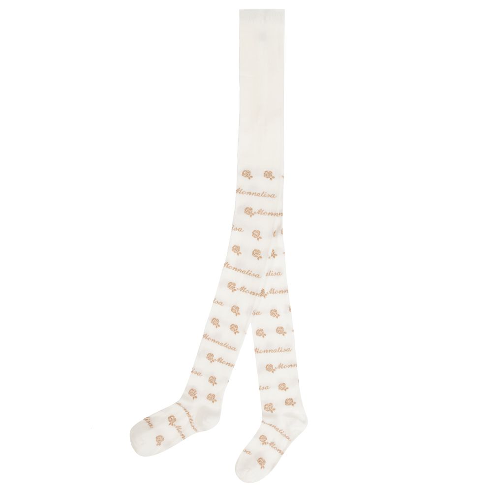 Monnalisa-Teen Ivory & Gold Logo Tights | Childrensalon Outlet