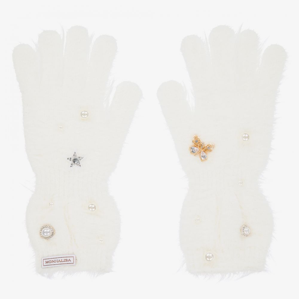 Monnalisa - Teen Ivory Jewelled Gloves | Childrensalon