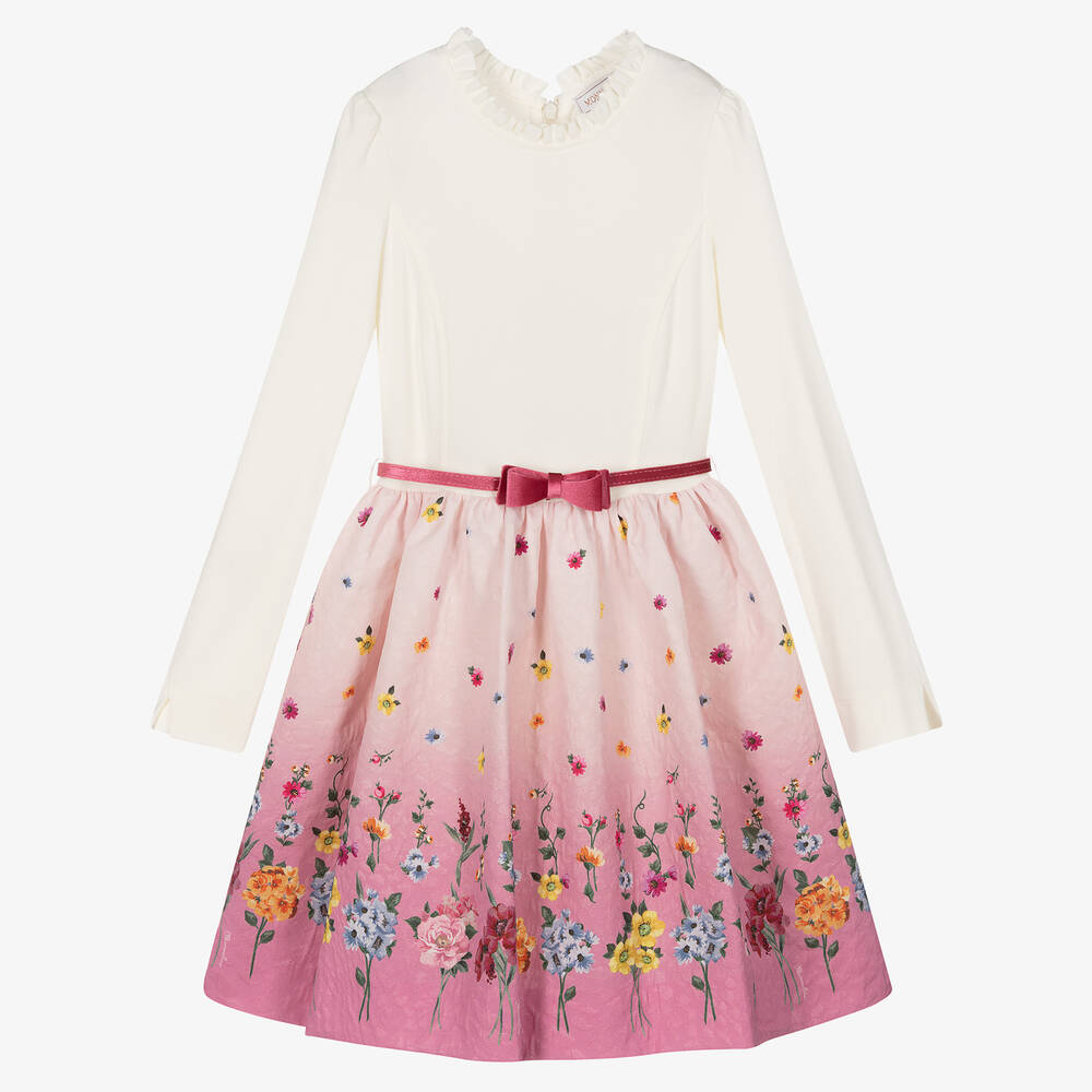 Monnalisa - Teen Kleid mit Blumen-Print in Elfenbein & Pink | Childrensalon