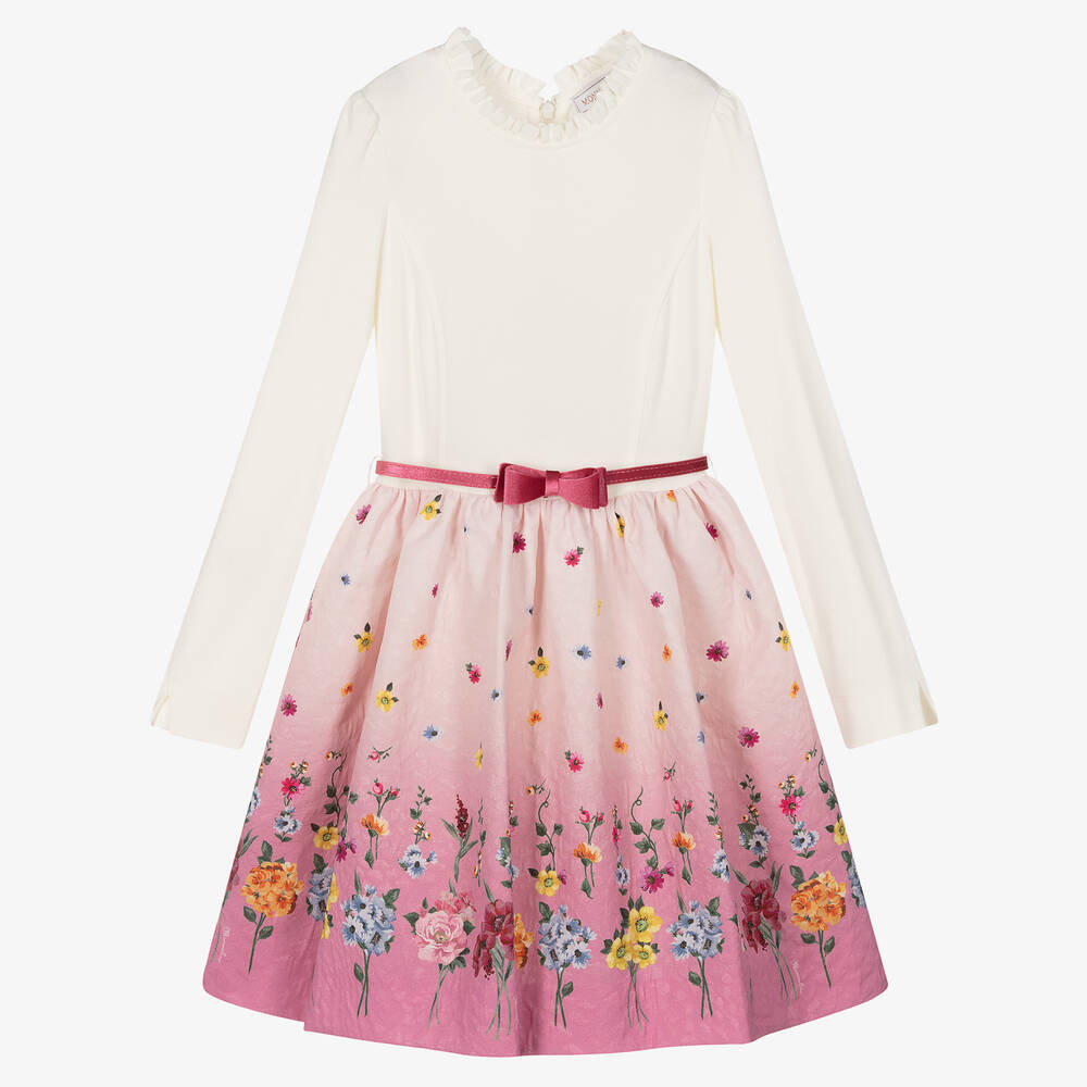 Monnalisa-Teen Ivory & Pink Floral Dress | Childrensalon Outlet