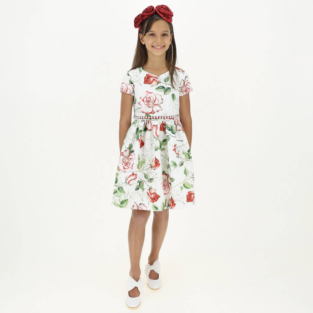 Monnalisa Chic-فستان لون عاجي و أحمر بطبعة ورود | Childrensalon Outlet