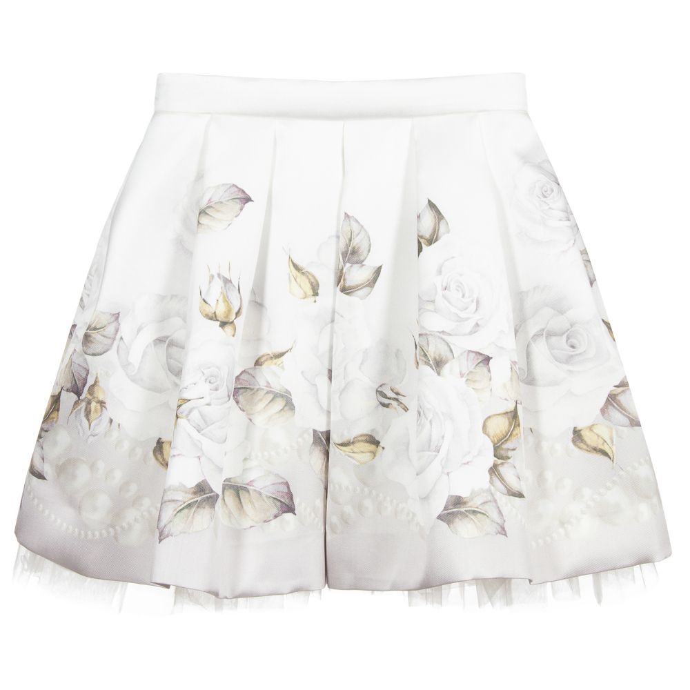Monnalisa-Teen Ivory Roses Satin Skirt | Childrensalon Outlet
