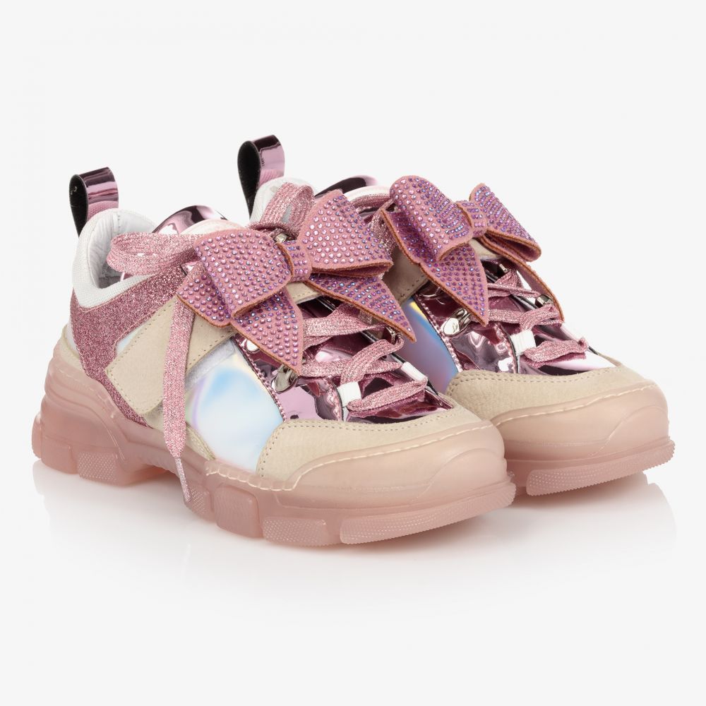 Monnalisa - Teen Pink Bow Leather Trainers | Childrensalon