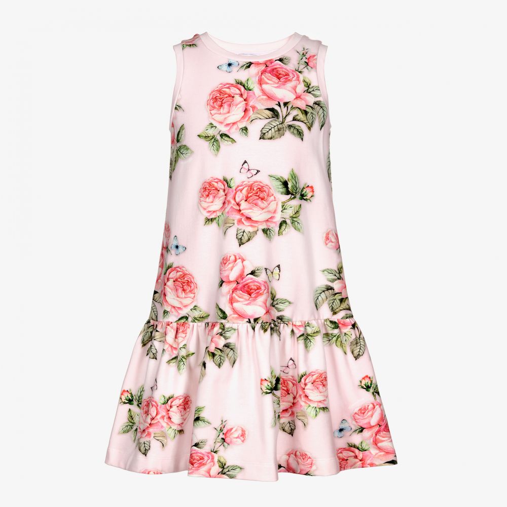 Monnalisa - Rosa Baumwollkleid mit Blumen | Childrensalon