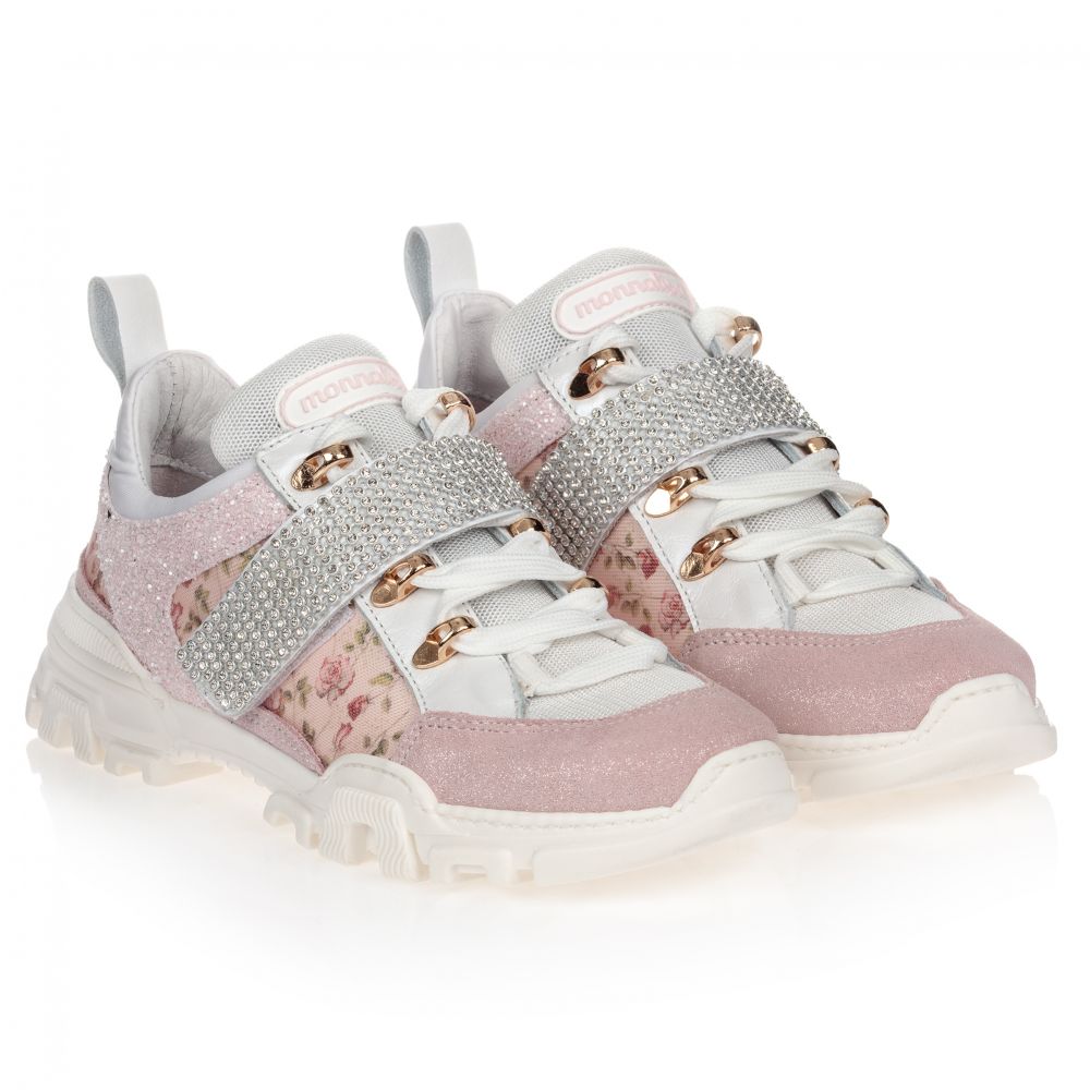 Monnalisa - Teen Pink Floral Logo Trainers | Childrensalon