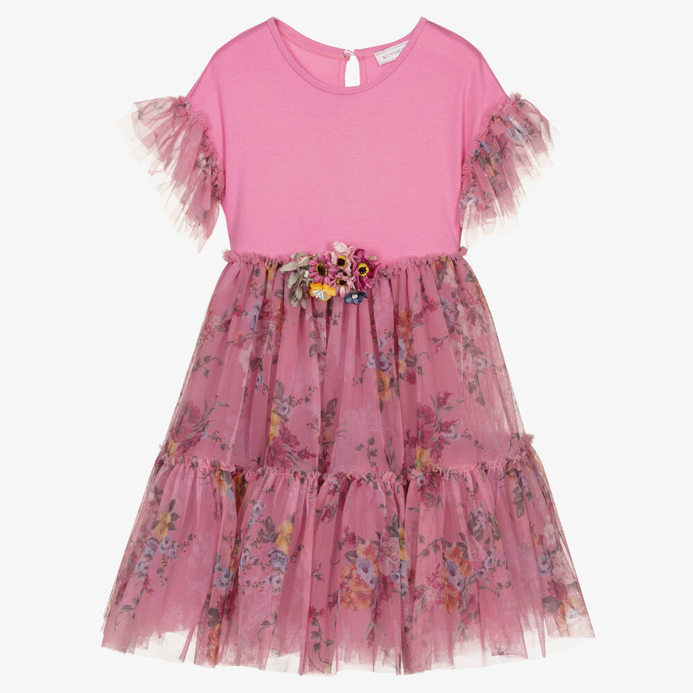 Monnalisa - Розовое платье из тюля с цветами для подростков | Childrensalon