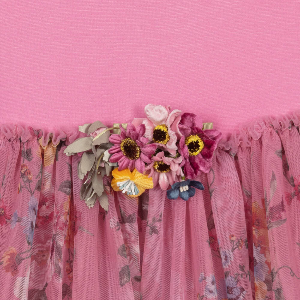 Monnalisa-فستان تينز فيسكوز جيرسي وتول لون زهري بطبعة ورود | Childrensalon Outlet