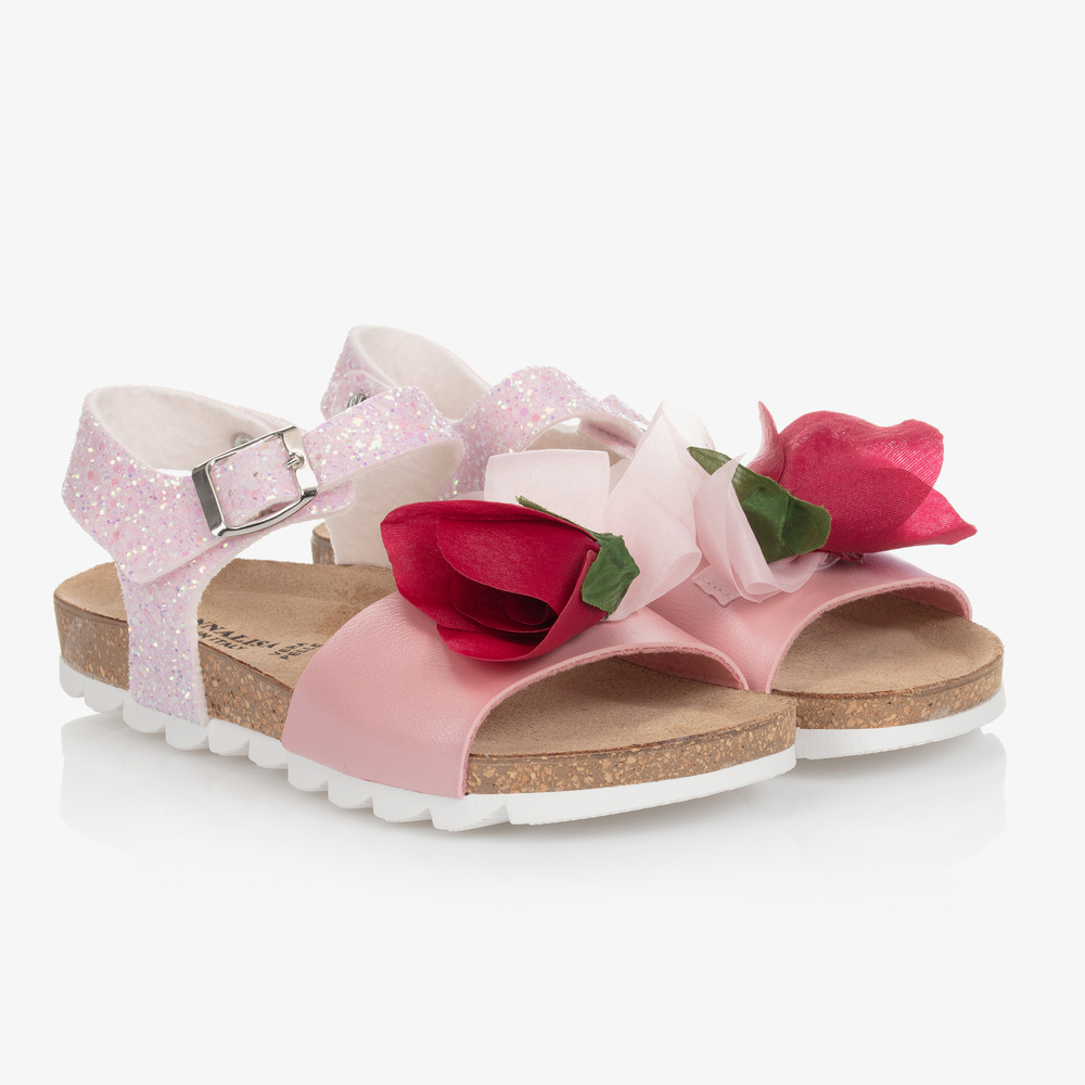 Monnalisa - Розово-красные сандалии с цветами для подростков | Childrensalon