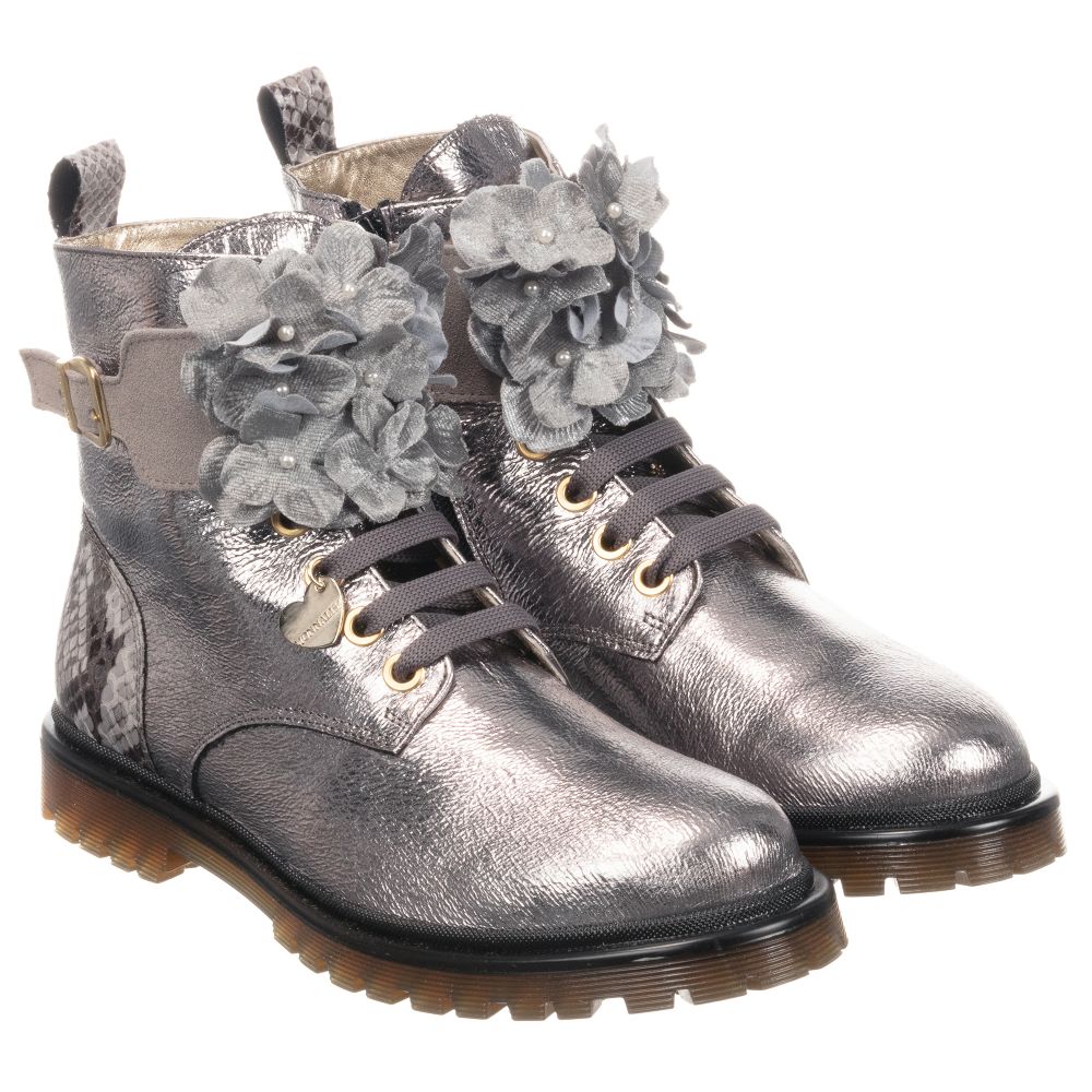 Monnalisa - Teen Silver Flower Ankle Boots | Childrensalon