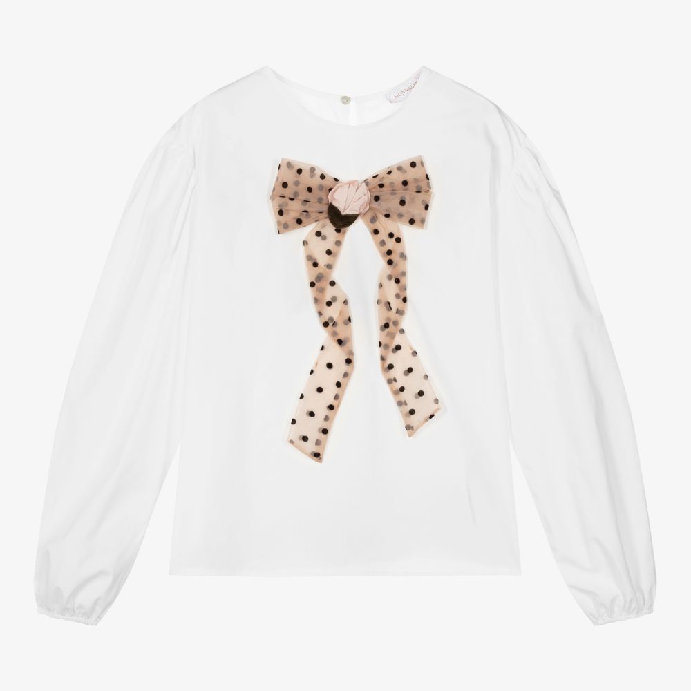 Monnalisa - Белая хлопковая блузка с бантом для подростков | Childrensalon