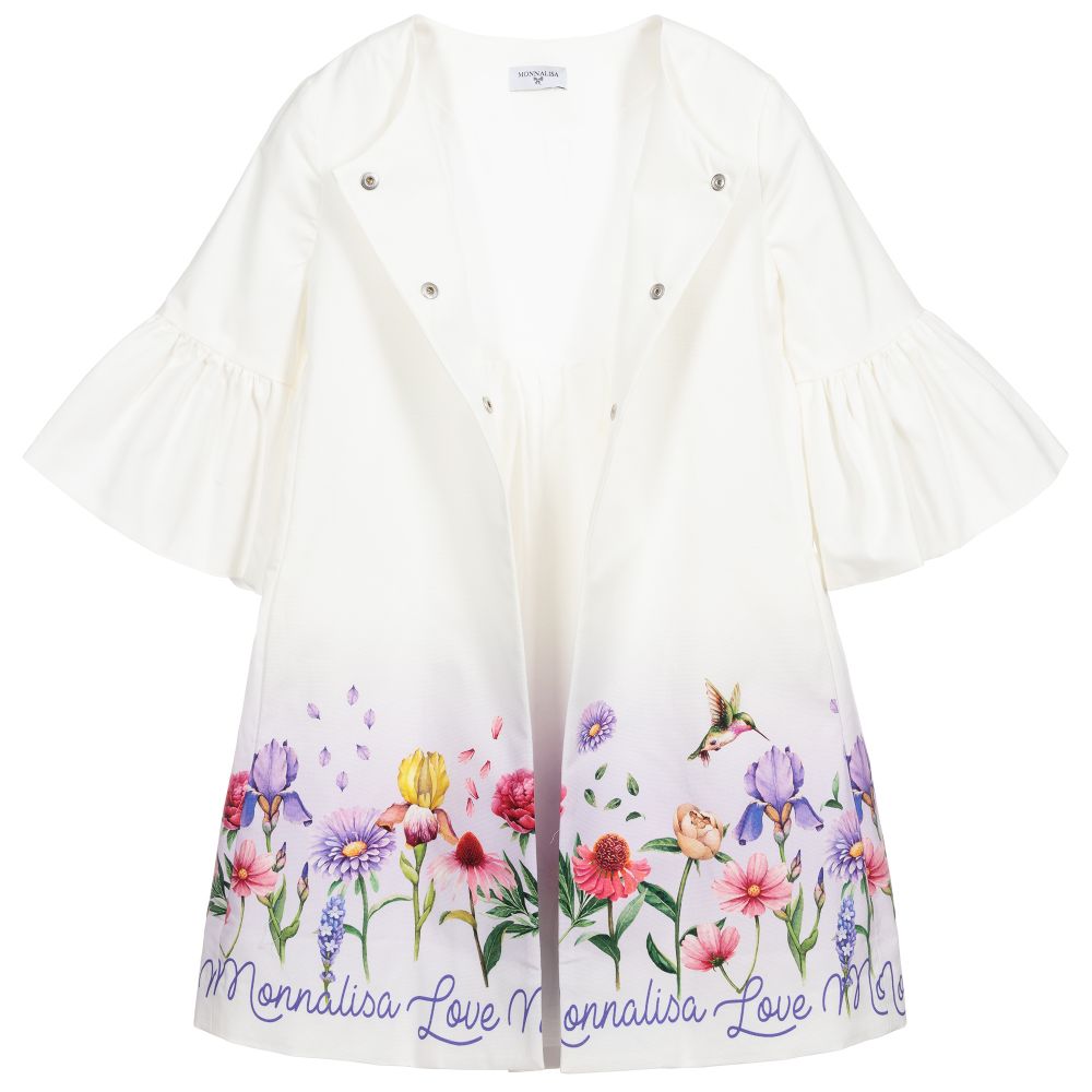Monnalisa-Белое хлопковое пальто с цветочным рисунком для подростков | Childrensalon Outlet
