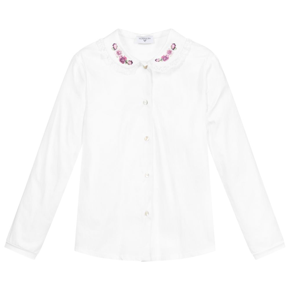 Monnalisa - Teen White Floral Cotton Shirt | Childrensalon